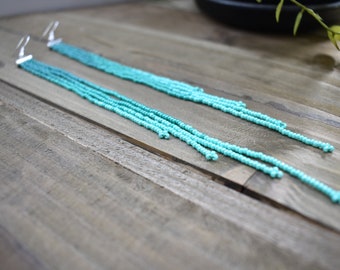 Teal and silver ombre beaded fringe earrings, bohemian style earrings, long earrings, ombre shoulder duster, shades of green earrings
