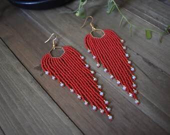 Beaded Fringe Earrings, Hexagon Shaped Earrings, Seed Bead Earrings, Bohemian Earrings, Long Beaded Earrings, Red and Gold Earrings