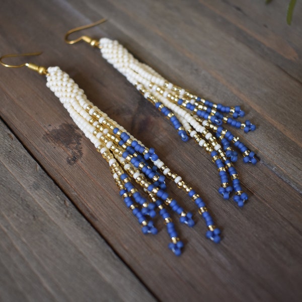 Blue Beaded Earrings, Cream & Blue Earrings, Small Beaded Fringe Dangles, Gradient Beaded Earrings, Tassel Earrings, Cream Tassel Earrings