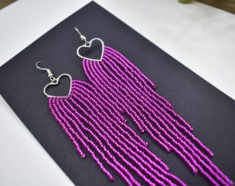 Fuchsia beaded fringe earrings, Heart earrings, bohemian earrings, Long earrings, Fuchsia and Silver earrings, Tassel earrings