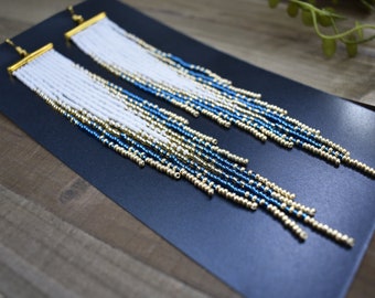 Zircon blue, white and gold beaded fringe earrings, bohemian earrings, Multicolor earrings , Extra long earrings, Tassel earrings