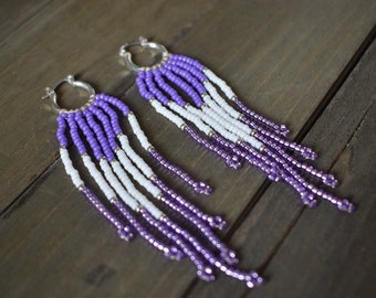 Hoop Earrings, Beaded Fringe Earrings, Fringe Earrings, .925 Silver Hoop Earrings, Purple and Silver beaded Earrings, Beaded Hoop earrings