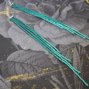 Teal and silver ombre beaded fringe earrings, bohemian style earrings, long earrings, ombre shoulder duster, shades of green earrings image 8