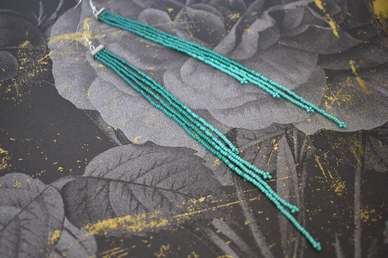 Teal and silver ombre beaded fringe earrings, bohemian style earrings, long earrings, ombre shoulder duster, shades of green earrings image 8