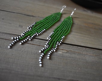 Green Fringe Earrings, Beaded Earrings, Hand Woven, Bohemian Earrings, Long Earrings, Green Earrings, Black and White, Shoulder Dusters