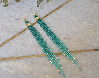 Teal and gold ombre beaded fringe earrings, bohemian style earrings, long earrings, ombre shoulder duster, shades of green earrings