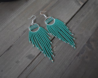 Beaded Fringe Earrings, Iridescent Crystal Earrings, Seed Bead Earrings, Bohemian Earrings,  Beaded Earrings, Green and Silver Earrings