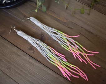 Beaded Fringe Earrings, White Earrings, Bohemian Earrings, Long Earrings, Florescent Earrings, Shoulder Dusters, Dangle Earrings