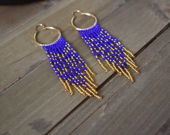 Hoop Earrings, Beaded Fringe Earrings, Fringe Earrings, .14k Gold plated Hoop Earrings, Blue and Gold  Earrings, Beaded Hoop earrings