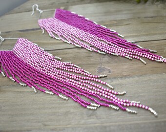 Dark fuchsia and light pink beaded fringe earrings, bohemian style earrings, long earrings, shoulder duster, multi color earrings