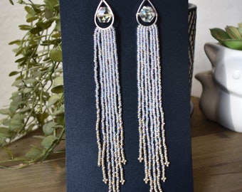Long iridescent and silver beaded fringe earrings, Crystal beaded earrings, Bohemian earrings, Long tassel earrings, Iridescent Earrings