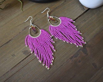 Violet Fringe Earrings, Iridescent Bead Earrings, Fringe Earrings, Frosted Violet  Earrings, Violet and Gold earrings, Shoulder Dusters