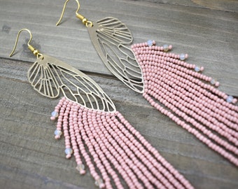 Pink Terracotta beaded fringe earrings, bohemian earrings, Long earrings, Butterfly earrings, Gold butterfly earrings, Tassel earrings