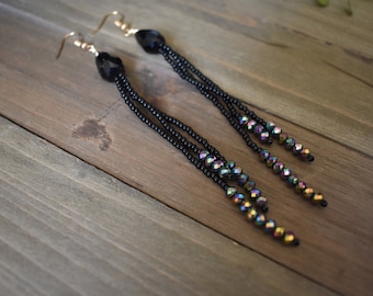 Black Beaded Fringe Earrings,  Beaded  Earrings, Seed Bead Earrings, Bohemian Earrings, Long Beaded Earrings, Black and Oil spill Earrings