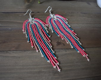 Beaded Fringe Earrings ,Multi Colored Earrings, Seed Bead Earrings, Bohemian Earrings, Long Beaded Earrings, Pink and Silver Earrings