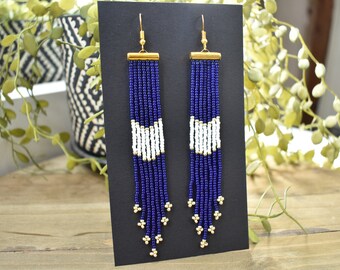 Cobalt blue, white and gold Beaded Fringe Earrings, Blue Earrings, Blue tassel earrings, Bohemian Earrings, Long Beaded Earrings