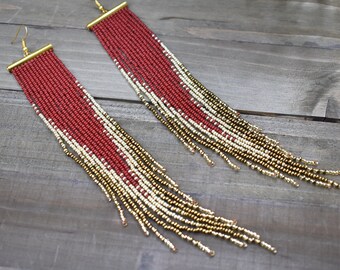 Red, bronze and gold beaded fringe earrings, bohemian earrings, Multicolor earrings , Extra long earrings, Tassel earrings, Red earrings