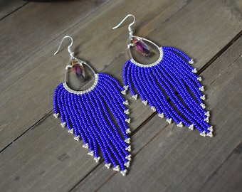 Royal Blue Fringe Earrings, Iridescent Bead Earrings, Fringe Earrings, Royal Blue  Earrings, Blue and Silver earrings, Shoulder Dusters