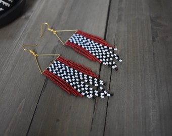 Beaded Earrings, Red Earrings, Red and Black Earrings, Bohemian Earrings, Fringe Earrings, Black and White Earrings, Dangle Earrings