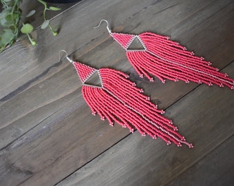 Beaded Fringe Earrings, Triangle Shaped Earrings, Seed Bead Earrings, Bohemian Earrings, Long Beaded Earrings, Pink and Silver Earrings