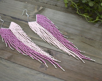 Light pink and dark fuchsia beaded fringe earrings, bohemian style earrings, long earrings, shoulder duster, multi color earrings