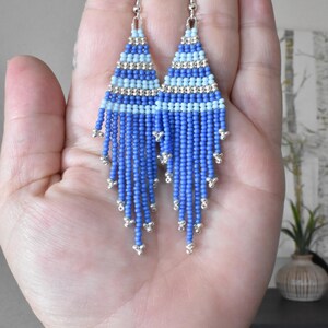 Blue Beaded Fringe Earrings: Miyuki Seed Beads, Silver Plated Hooks