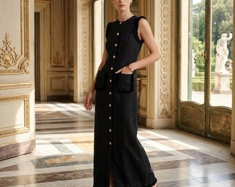 j crew gold goma dress J.Crew Black Linen Blend Fringe Trim Button Front Maxi XXS Buttons festival outfit