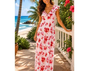 Oscar de la Renta Pink Label Maxi-nachtjurk met bloemenprint en stippen en ruches, roodroze M