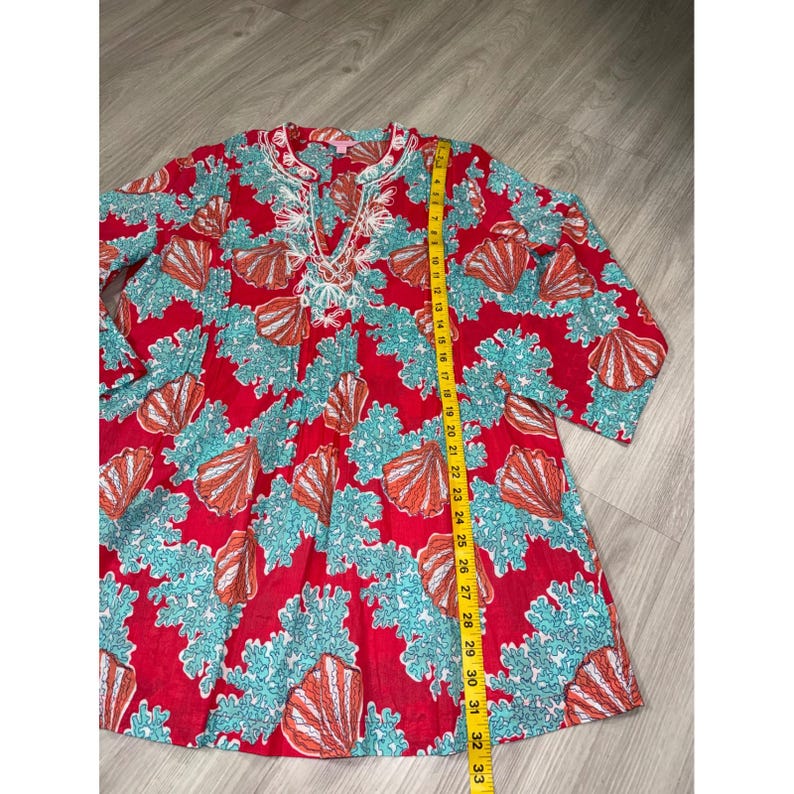 Lilly Pulitzer Sea Shell Coral Print Embroidered Tunic Top Red XL Coastal image 5