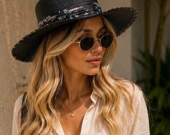 Ellen Tracy Black Straw Fedora Hat Paisley Bandana Band Frayed Fringe Brim OS