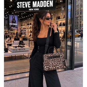 Steve Madden Leopard Print Satchel Crossbody Bag with Coin Purse Brown Black