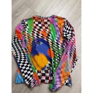 BruceGlen Checkered Graffiti Print Long Sleeve Top Multicolor Large L Tencel image 12