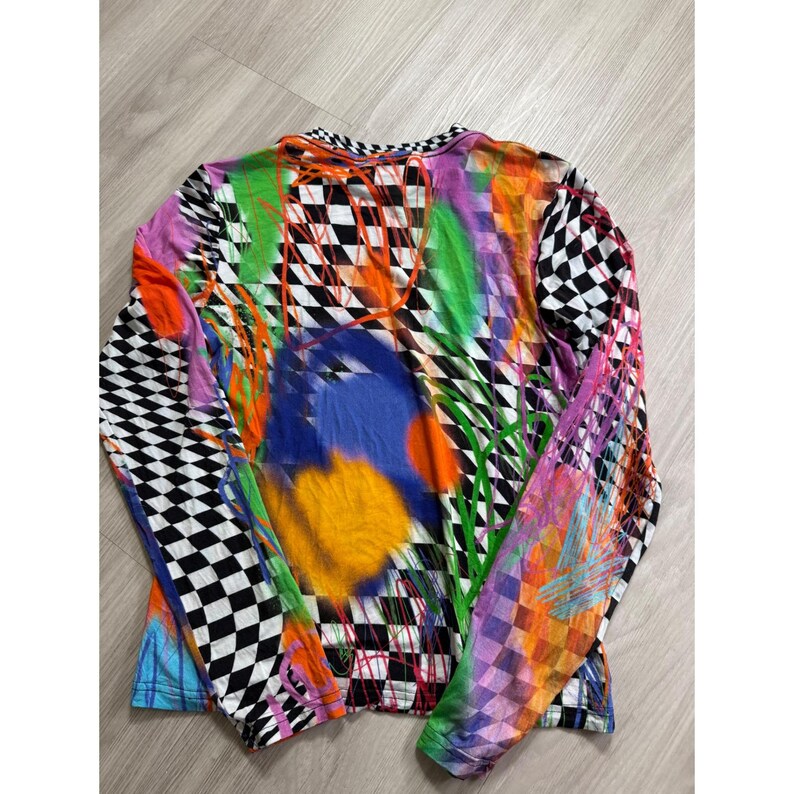 BruceGlen Checkered Graffiti Print Long Sleeve Top Multicolor Large L Tencel image 12