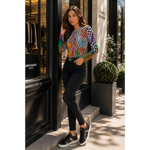 BruceGlen Checkered Graffiti Print Long Sleeve Top Multicolor Large L Tencel image 1