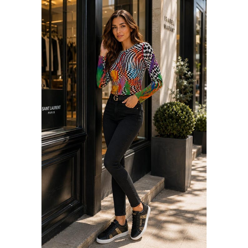 BruceGlen Checkered Graffiti Print Long Sleeve Top Multicolor Large L Tencel image 1