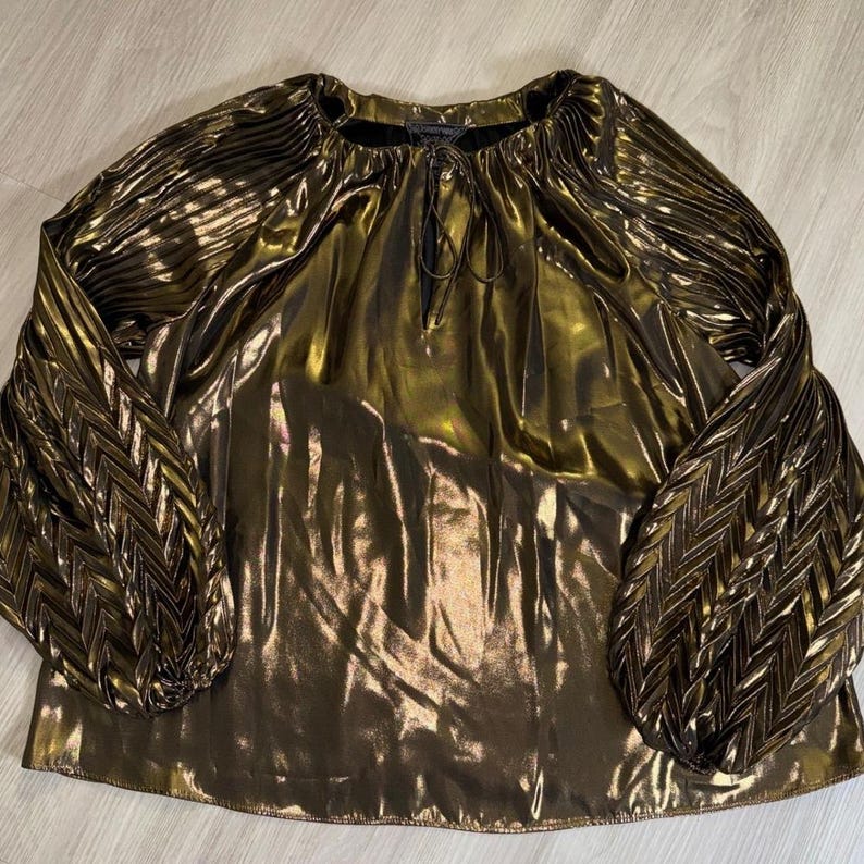 Johnny Was JADE Gold Metallic Pleated Balloon Sleeve Blouse L16223-O Womens M image 2
