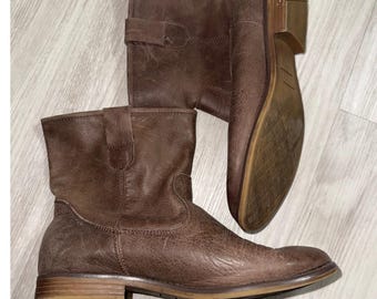 Crown Vintage Brown Leather Ankle Boots Distressed Pull On Booties Size 37