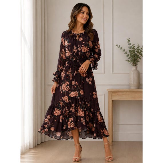 h&m boho maxi dress Johanna Ortiz x HM Floral XL Burgundy Ruffle High Low Crepe over the shoulders and Archive Sale 2026 Miranda Lambert, Texas-size country Color:#5 Gold