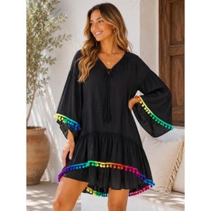pom pom boho dress Mixed Media Lace Pom Pom Dress - White