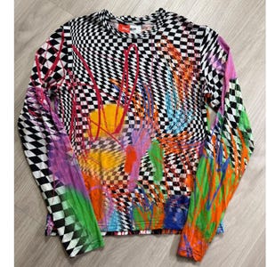 BruceGlen Checkered Graffiti Print Long Sleeve Top Multicolor Large L Tencel image 2