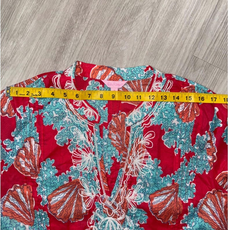 Lilly Pulitzer Sea Shell Coral Print Embroidered Tunic Top Red XL Coastal image 7