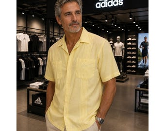 Adidas Mens Guayabera Short Sleeve Button Up Shirt Yellow Pintuck Pleated XL