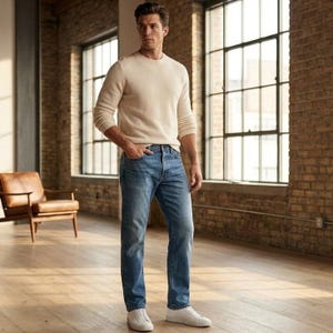Puede incluir: Un suéter de cuello redondo y manga larga en color crema combinado con pantalones vaqueros de mezclilla azul de lavado medio y zapatillas blancas. El suéter presenta una textura de punto simple, mientras que los vaqueros tienen un corte recto.