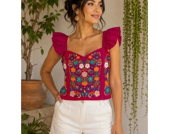 Mexikanisches, besticktes Crop-Top in Magenta-Pink mit floralem Rüschenbesatz und Korsettrücken, Einheitsgröße