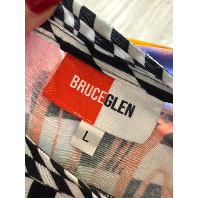 BruceGlen Checkered Graffiti Print Long Sleeve Top Multicolor Large L Tencel image 3