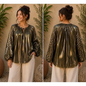 Johnny Was JADE Gold Metallic Pleated Balloon Sleeve Blouse L16223-O Womens M image 1