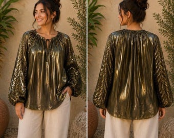 Johnny Was JADE Gold Metallic Pleated Balloon Sleeve Blouse L16223-O Womens M