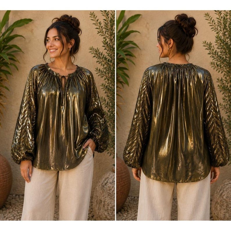 Johnny Was JADE Gold Metallic Pleated Balloon Sleeve Blouse L16223-O Womens M image 1