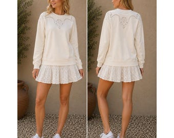 Bluza z koronką i oczkami w stylu boho, z okrągłym dekoltem, w kolorze kremowym, Free People, rozmiar S