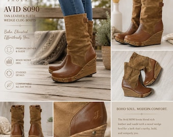 J. Shoes Avid 8090 Tan Leather Suede Wood Wedge Clog Boots Womens Studded Boho10
